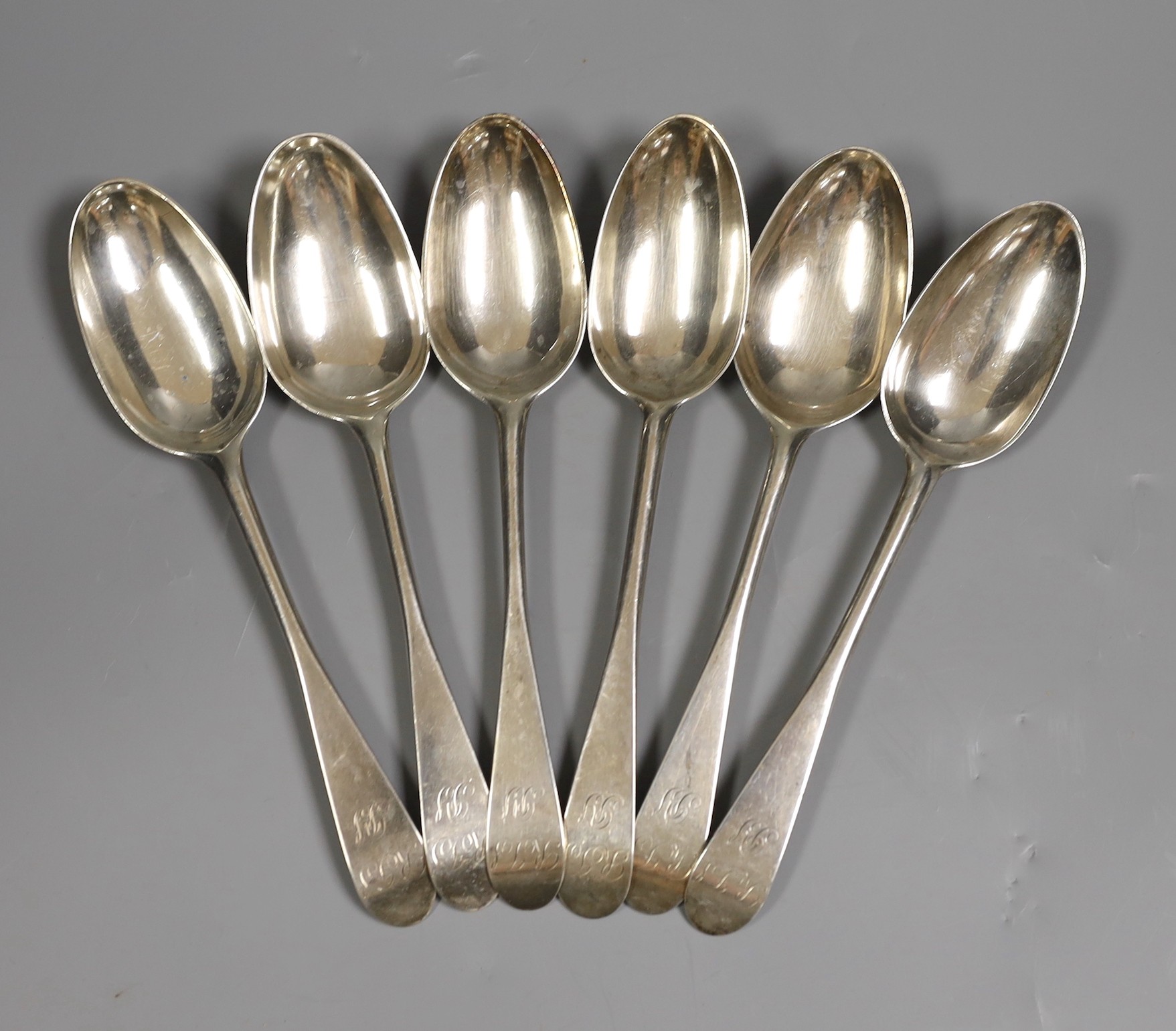 A set of six late 18th century Scottish provincial silver Old English pattern tablespoons by James Cornfute, Perth, with engraved initials, 21.4cm, 12oz.